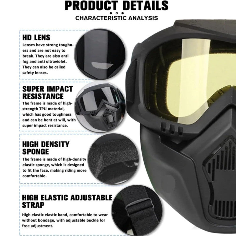 Off-Road Motorcycle Riding Goggle Mask with Detachable Face Shield & UV Protective Lens